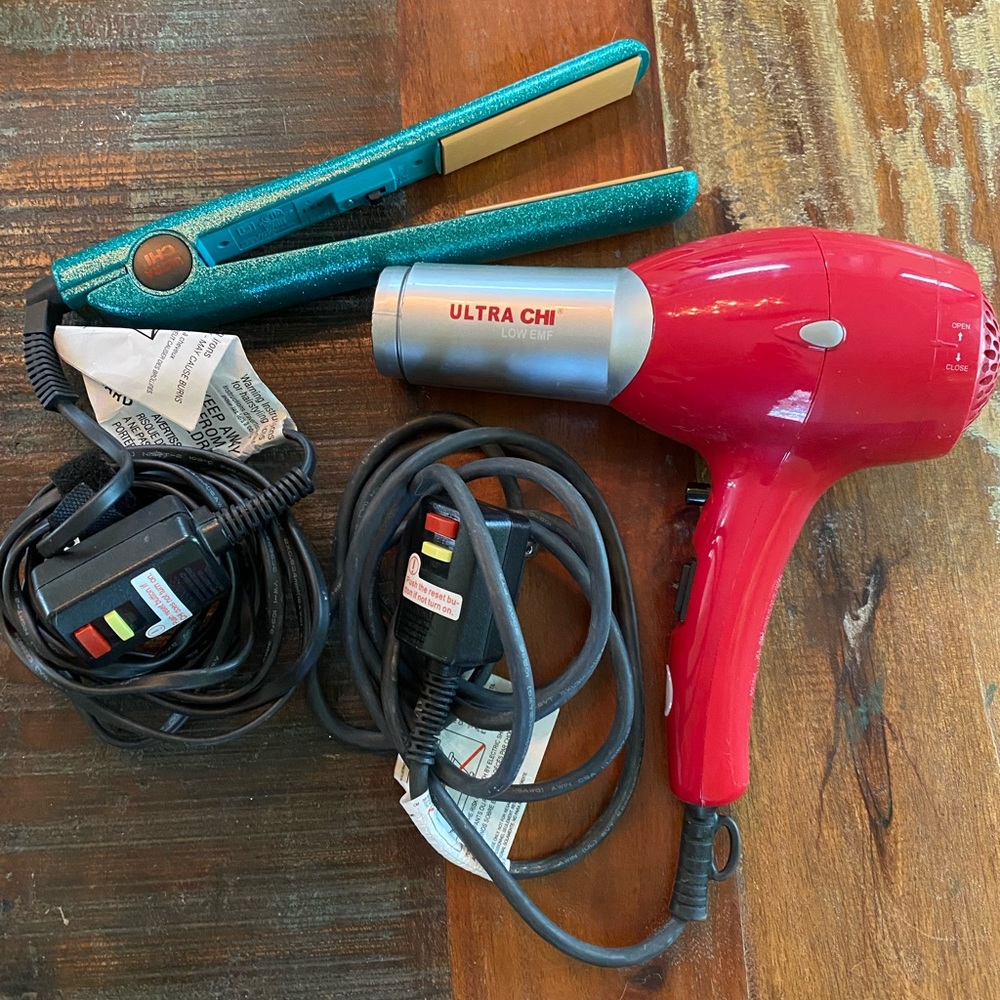 Chi Teal Glittery Flat Iron 1” and Red Chi Ultra Low EMF Hair Dryer